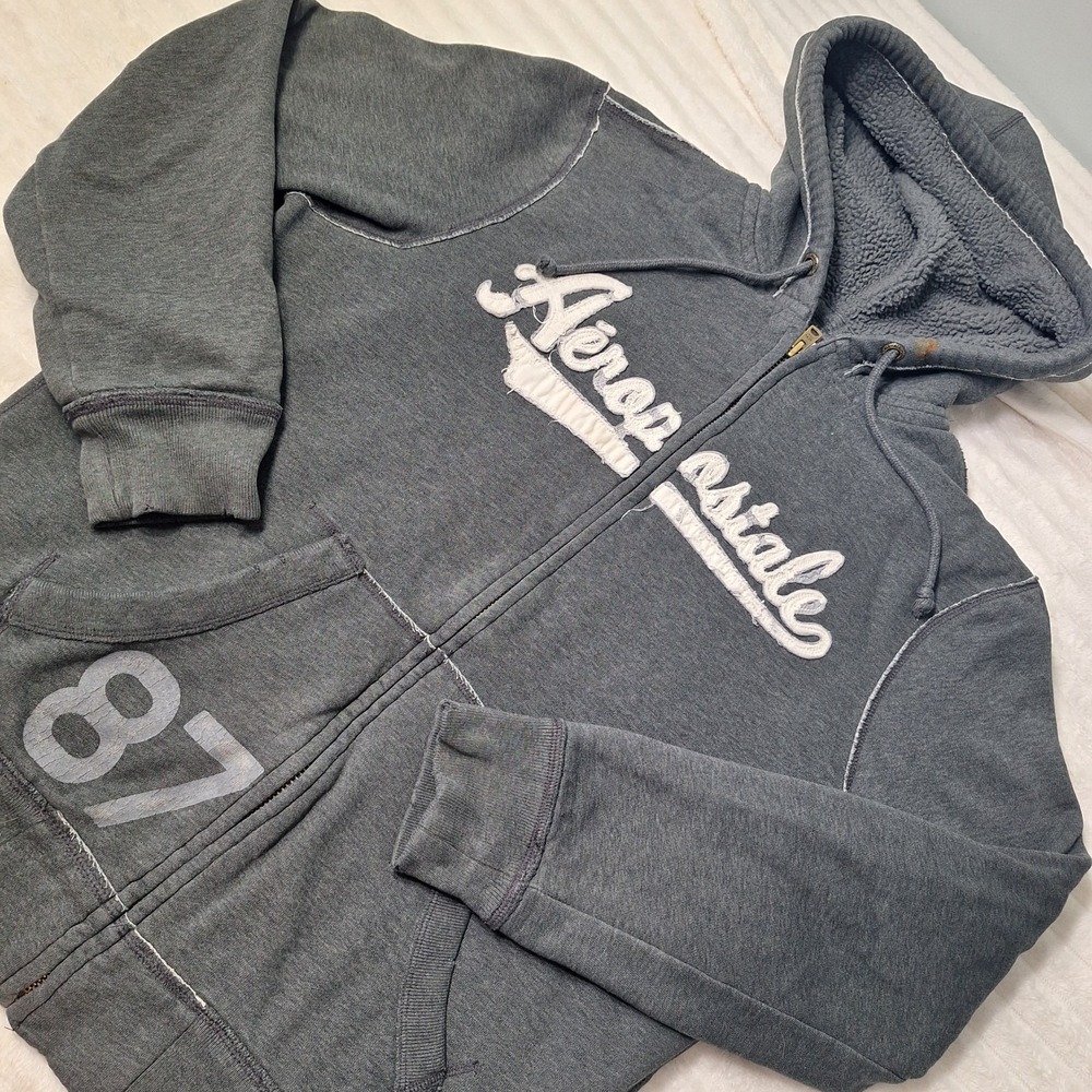Y2K Aeropostale Hoodie Sweatshirt Mens M Gray Fleece Lined Full Zip Up Skater